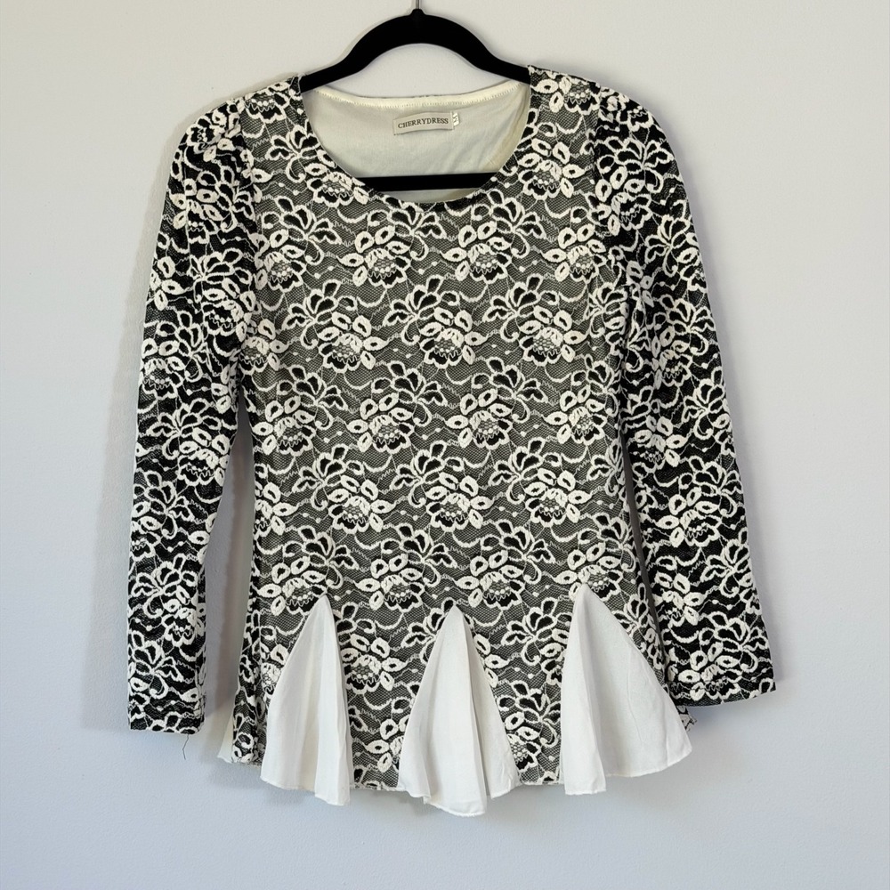 Lace Peplum Top Black White‎ Romantic Coquette Whimsy Gothic Balletcore Size S/M
